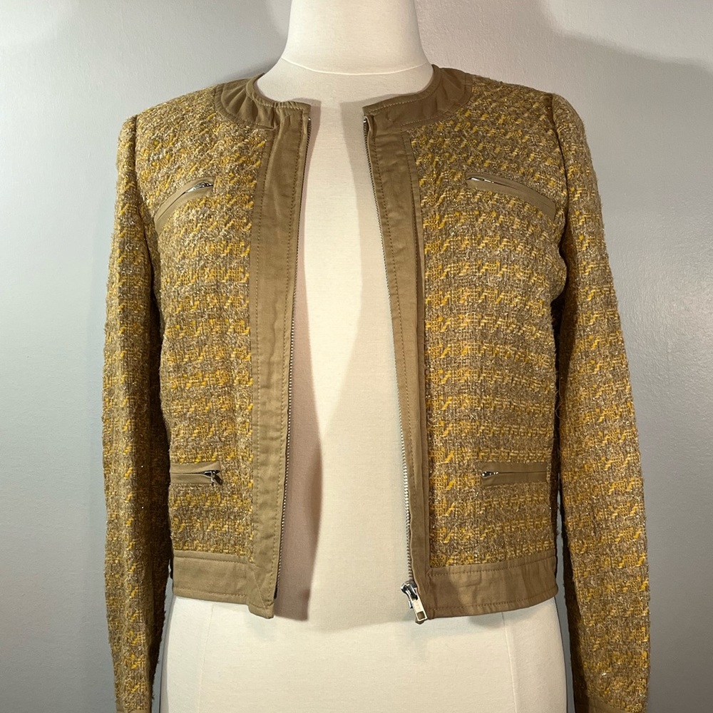 J. Crew Tan and Gold Metallic Gold Tweed Jacket